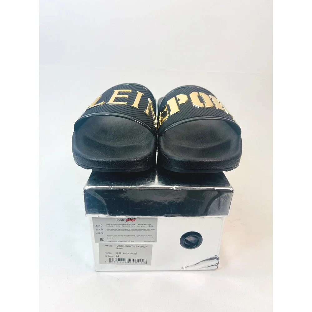 Plein Sport Mens Black Gold Logo Slides Air Cushion Sandals PACS USG0028 US 11